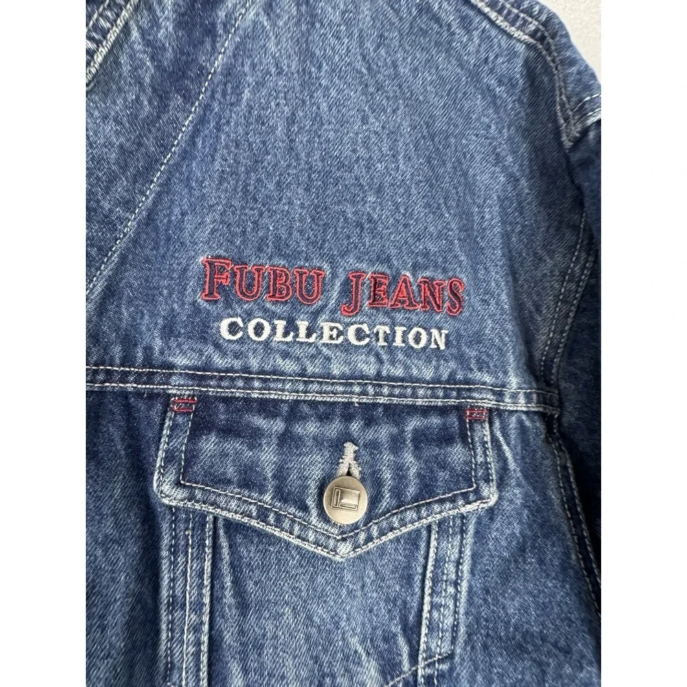 Vintage Fubu Collection Denim Blue Jean Trucker Jacket Pocket Button Mens XL Y2K